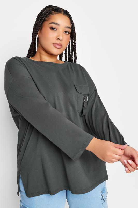 LIMITED COLLECTION Plus Size Charcoal Grey Utility Pocket Long Sleeve T-Shirt | Yours Clothing 1
