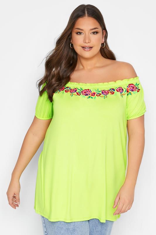 Plus Size Green Embroidered Bardot Top | Yours Clothing 1
