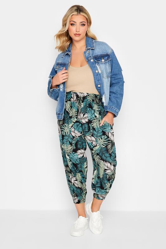 YOURS Curve Plus Size Black Tropical Print Cropped Harem Trousers | Yours Clothing  2