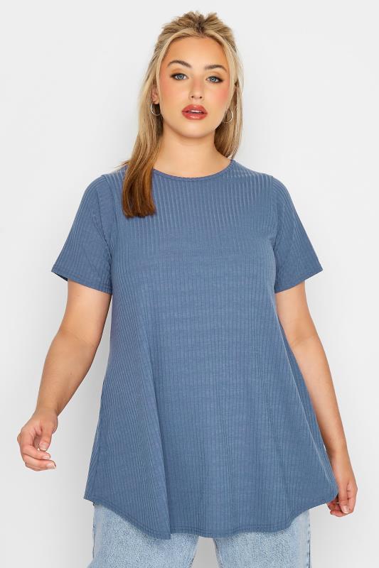 LIMITED COLLECTION Curve Denim Blue Rib Swing Top 1