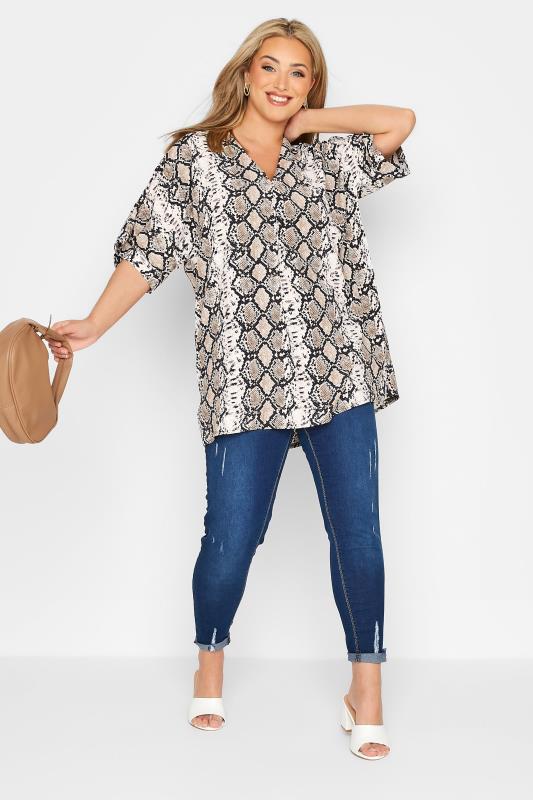 Plus Size Grey Snake Print Pleat Front V-Neck Top | Yours Clothing 2