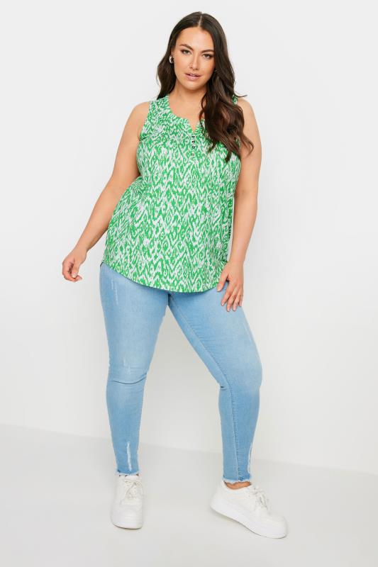 YOURS Plus Size Green Ikat Print Pintuck Henley Vest Top | Yours Clothing 5