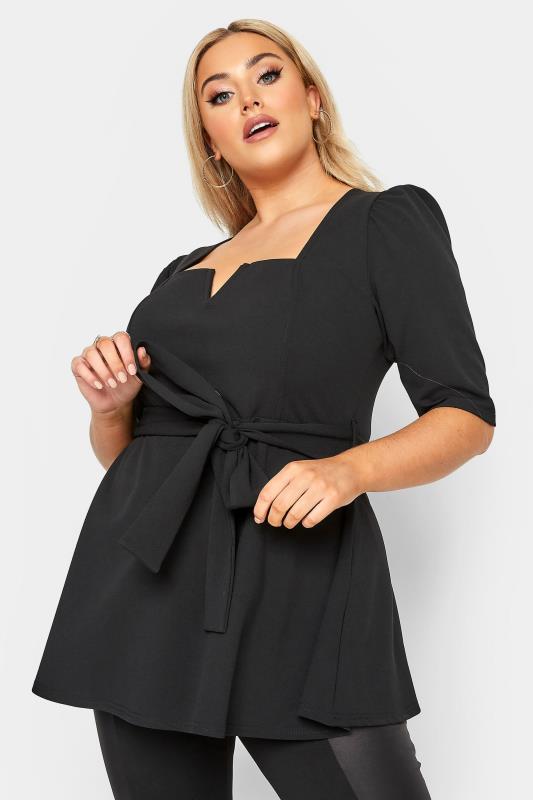 Party Tops YOURS LONDON Black Notch Neck Belted Peplum Top