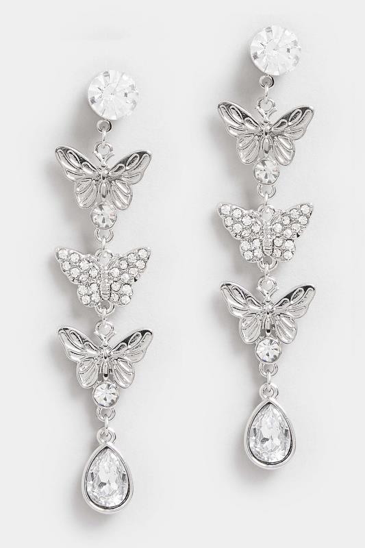 Silver Butterfly Diamante Drop Earrings | Yours Clothing 2