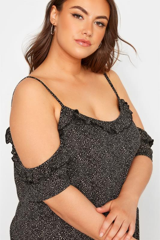 Plus Size Black Spot Print Frill Cold Shoulder Top | Yours Clothing  4