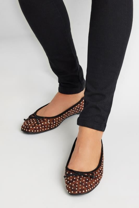 LTS Brown Leopard Print Faux Suede Diamante Ballerina Pumps In Standard Fit | Long Tall Sally 1