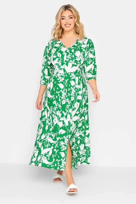 YOURS Plus Size Green Floral Split Front Dress | Yours Clothing 1