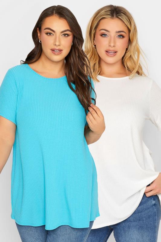 2 PACK Plus Size White & Turquoise Blue Ribbed Swing T-Shirts | Yours Clothing 1