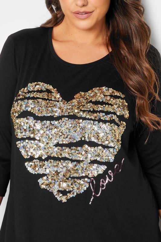 YOURS LUXURY Plus Size Black Love Heart Sequin Embellished Top | Yours Clothing 5