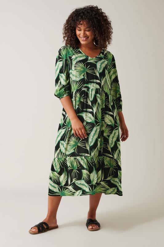 EVANS Plus Size Green Palm Print Tiered Midi Dress | Evans 1