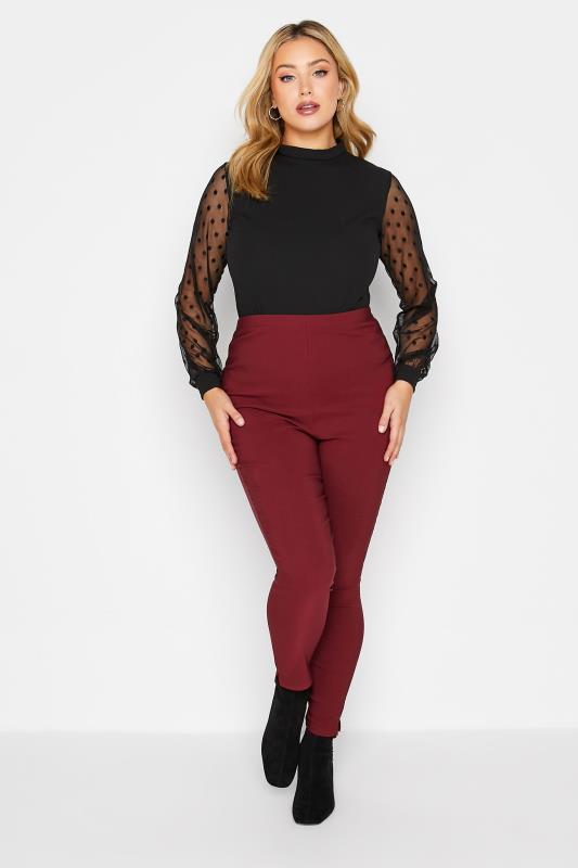Curve Plus Size Burgundy Red Bengaline Pull On Stretch Trousers - Petite 2