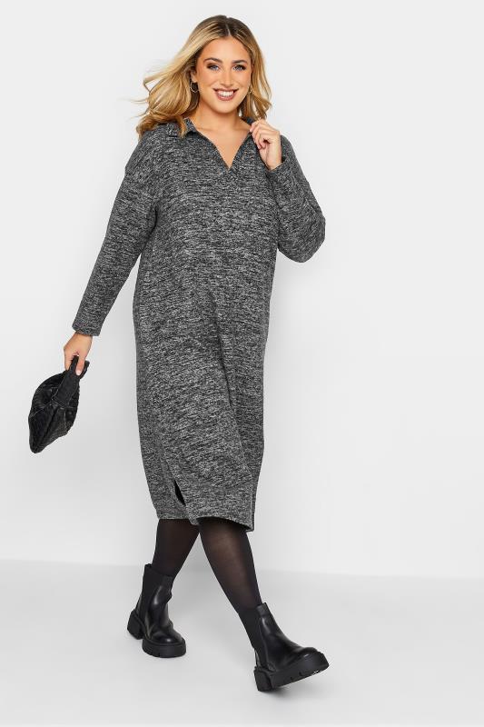 Plus Size Grey Textured Soft Touch Open Collar Midi Dress | Yours Clothing  5