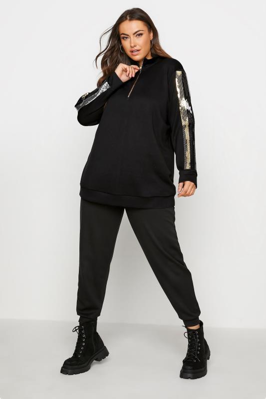 Plus Size Black Sequin Stripe Half Zip Sweatshirt | Yours Clothing 2