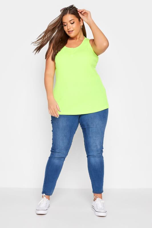 Plus Size YOURS FOR GOOD Neon Green Rib Button Detail Vest Top | Yours Clothing 2