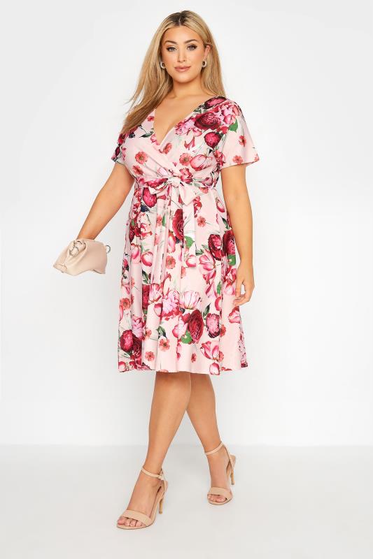 Großen Größen  YOURS LONDON Curve Pink Floral Print Wrap Midi Dress