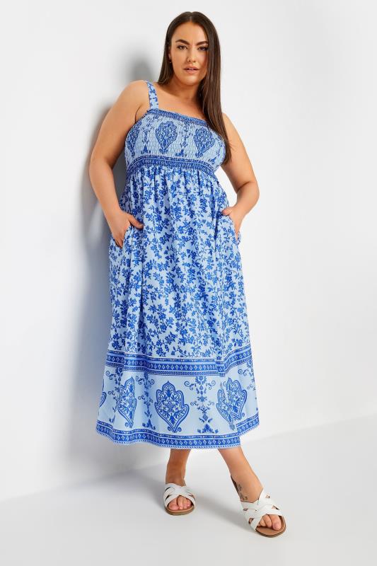 Plus Size  LIMITED COLLECTION Curve Blue Floral Print Shirred Maxi Dress