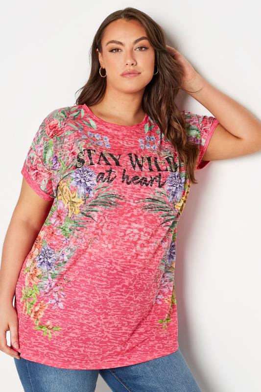 Plus Size Pink 'Stay Wild At Heart' Floral Printed Slogan T-Shirt | Yours Clothing 4