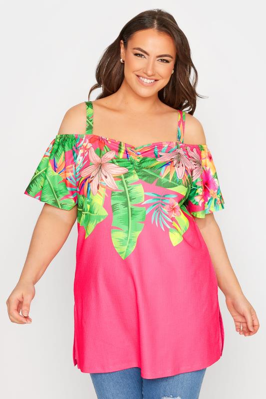 Plus Size Pink Tropical Print Bardot Top | Yours Clothing 1