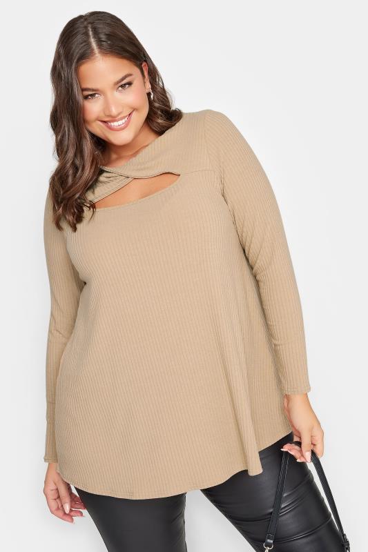 YOURS Plus Size Beige Brown Twisted Front Ribbed Top | Yours Clothing 1