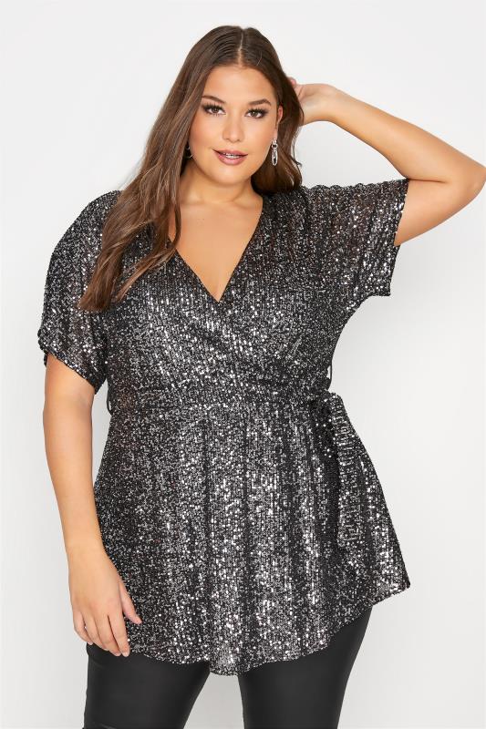 YOURS LONDON Silver Sequin Embellished Wrap Top_E.jpg