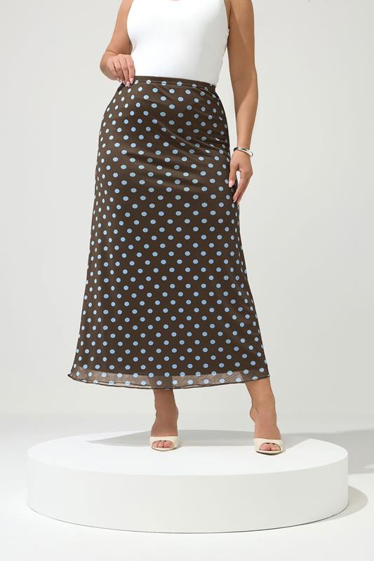  YOURS LONDON Curve Brown & Blue Polka Dot Maxi Skirt
