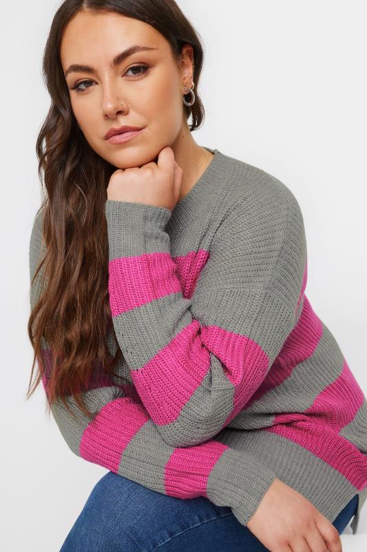 YOURS Plus Size Grey & Pink Stripe Knitted Jumper | Yours Clothing 1