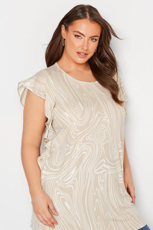 Plus Size Cream Marble Frill Sleeve Top | Yours Clothing 4