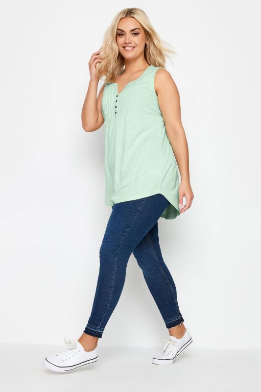 YOURS Plus Size Light Green Pintuck Henley Vest Top | Yours Clothing 2