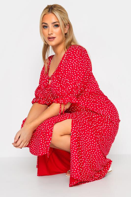 LIMITED COLLECTION Curve Red Spot Print Milkmaid Side Split Maxi Dress_D.jpg