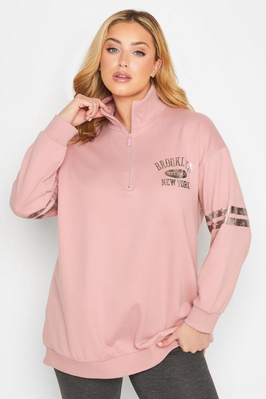 Plus Size Pink Metallic 'Brooklyn' Varsity Half Zip Sweatshirt | Yours Clothing 1