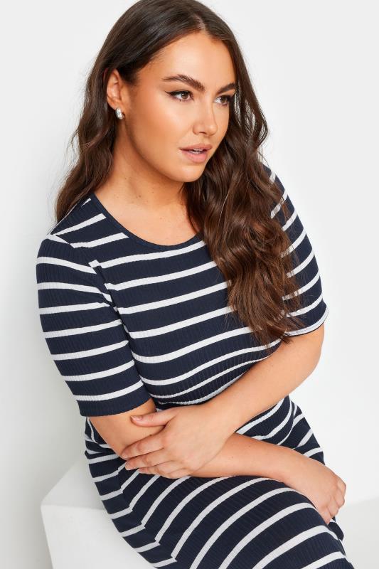 YOURS Plus Size Navy Blue & White Striped Ribbed Swing Maxi Dress | Yours Clothing 4