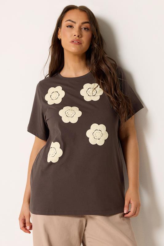  YOURS Curve Chocolate Brown Daisy Applique T-Shirt