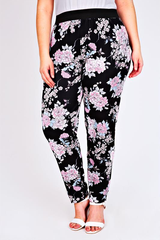 Black & Pink Oriental Print Harem Trousers Plus Size 16 to 32 | Yours ...