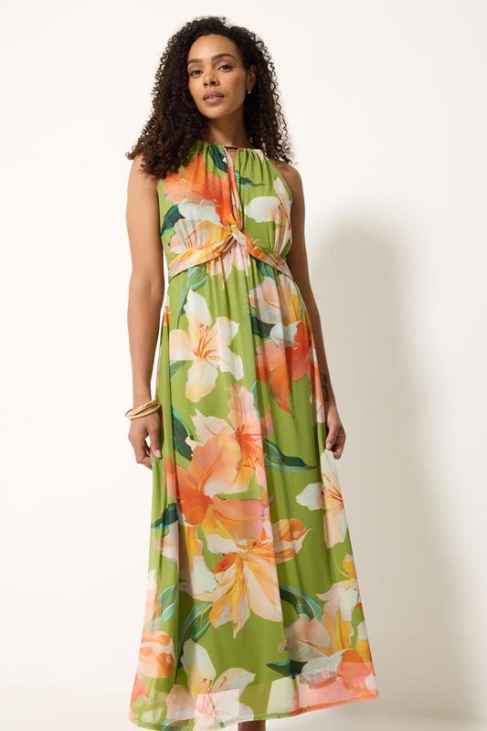 M&Co Green Floral Print Mesh Knot Front Halter Maxi Dress | M&Co 1
