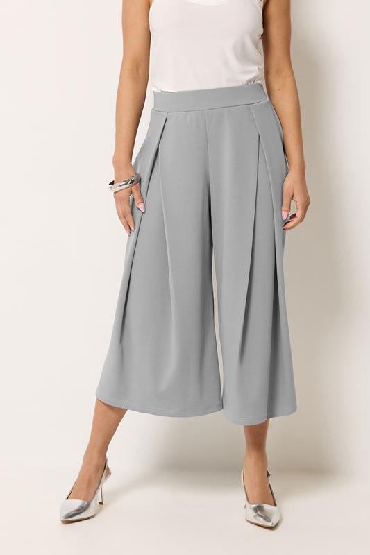PixieGirl Petite Women's Grey Pleated Cropped Wide Leg Trousers | PixieGirl  1
