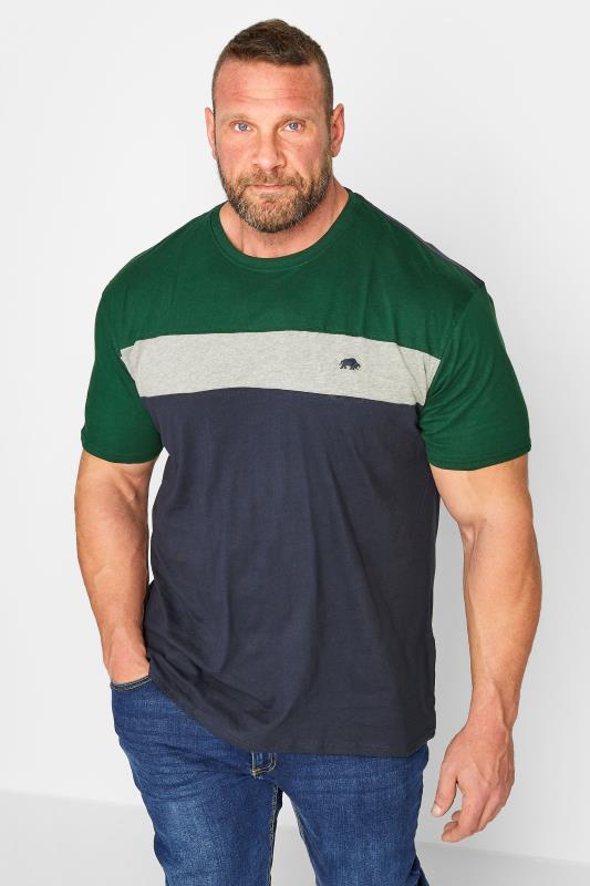 Men's  RAGING BULL Big & Tall Navy Blue & Green Colour Block T-Shirt