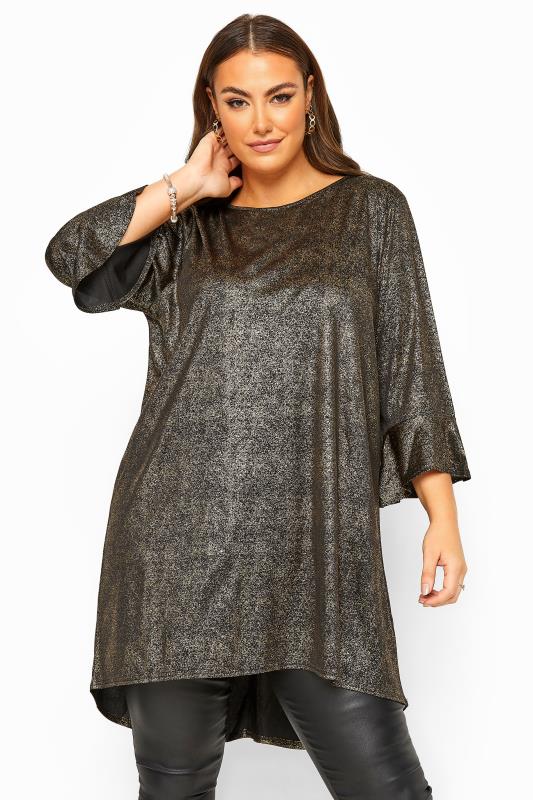 YOURS LONDON Black & Gold Foil Flute Sleeve Tunic | Yours Clothing