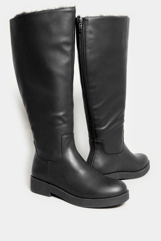 LIMITED COLLECTION Black Fur Lined Calf Boots In Wide E Fit 5