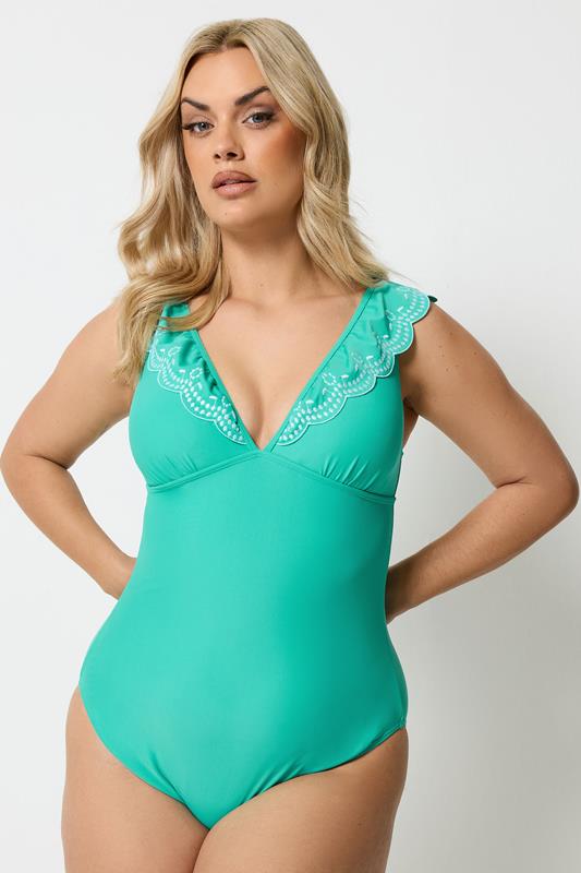 YOURS Plus Size Green Broderie Anglaise Frill Swimsuit | Yours Clothing 1