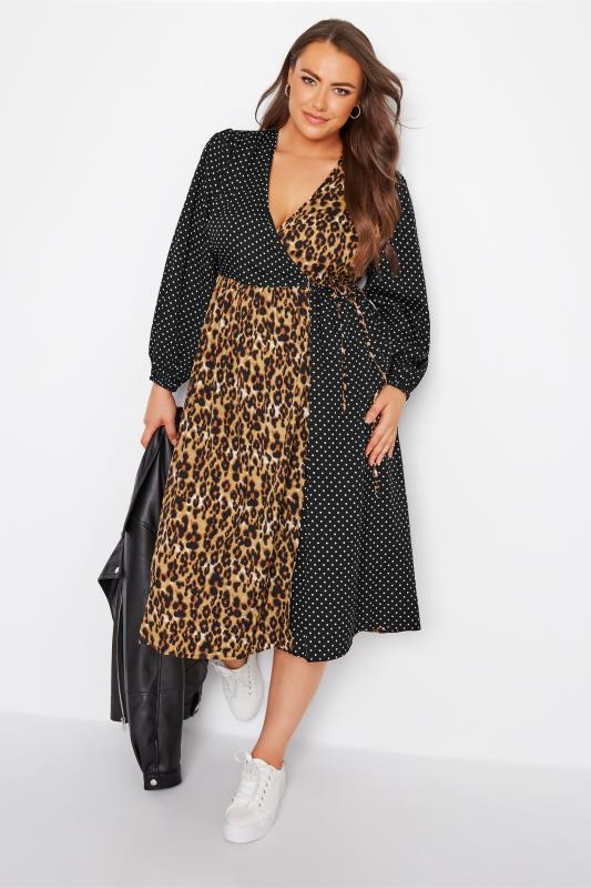 LIMITED COLLECTION Curve Black Contrast Leopard Polka Dot Print Wrap Dress 2