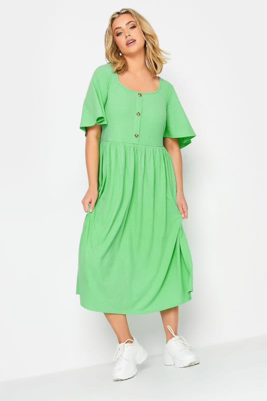 Plus Size  LIMITED COLLECTION Curve Green Ribbed Square Neck Midi Dress