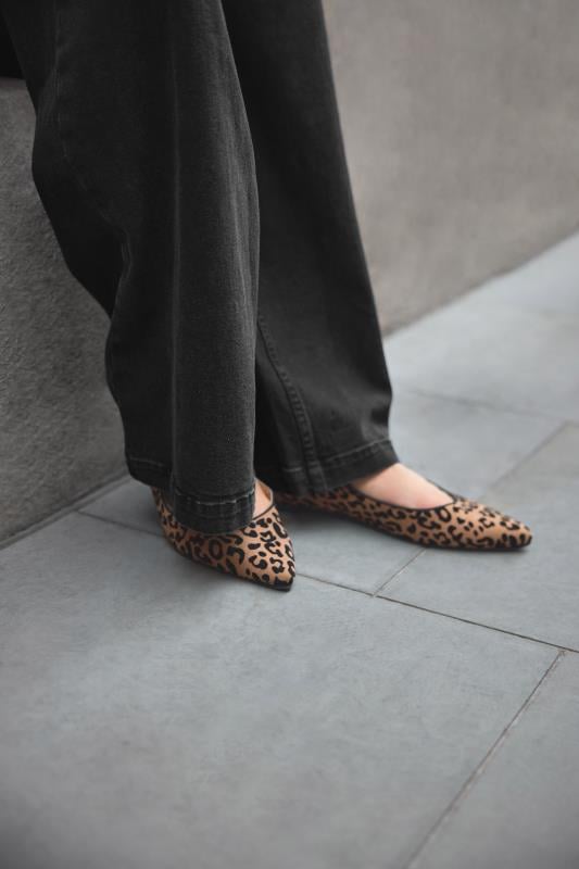 Tall  LTS Natural Brown Leopard Print Mary Jane Point Flats In Standard Fit