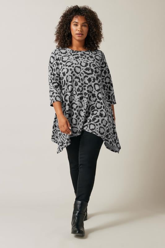 EVANS Plus Size Grey Leopard Print Hanky Hem Top | Evans  2