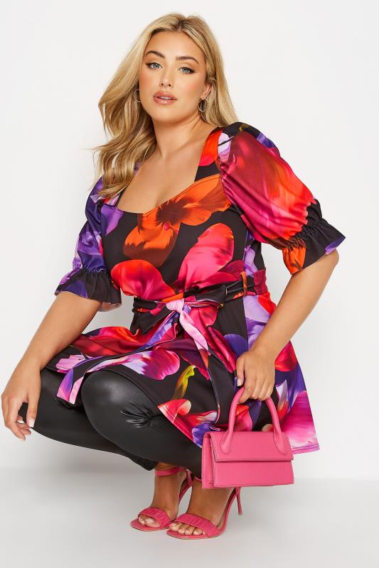 YOURS LONDON Plus Size Black Floral Print Puff Sleeve Peplum Top | Yours Clothing 1
