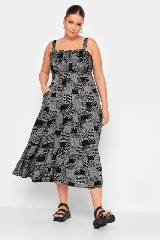 YOURS Plus Size Black Patchwork Print Shirred Strappy Sundress | Yours Clothing  2