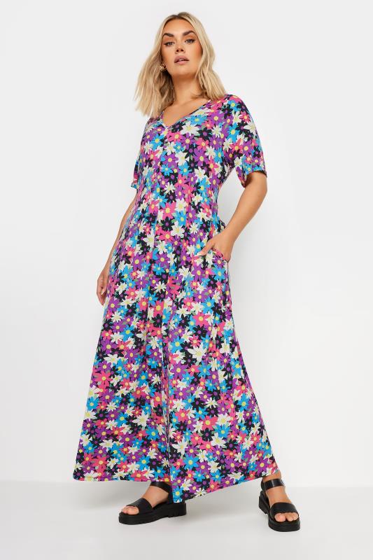 YOURS Plus Size Black & Pink Floral Print Maxi Dress | Yours Clothing 1