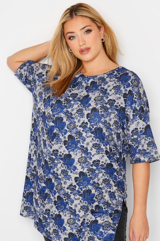 Plus-Size Blue & Grey Floral Print Top | Yours Clothing 4