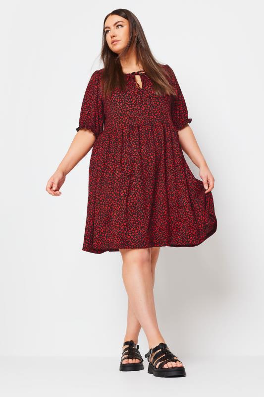 Plus Size  YOURS Curve Red Ditsy Floral Print Textured Smock Dress