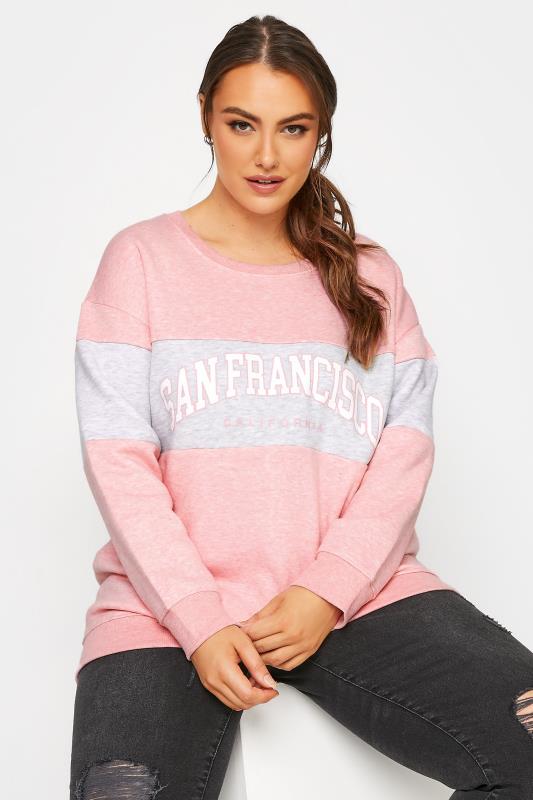 Plus Size Pink 'San Francisco' Slogan Varsity Sweatshirt | Yours Clothing 1