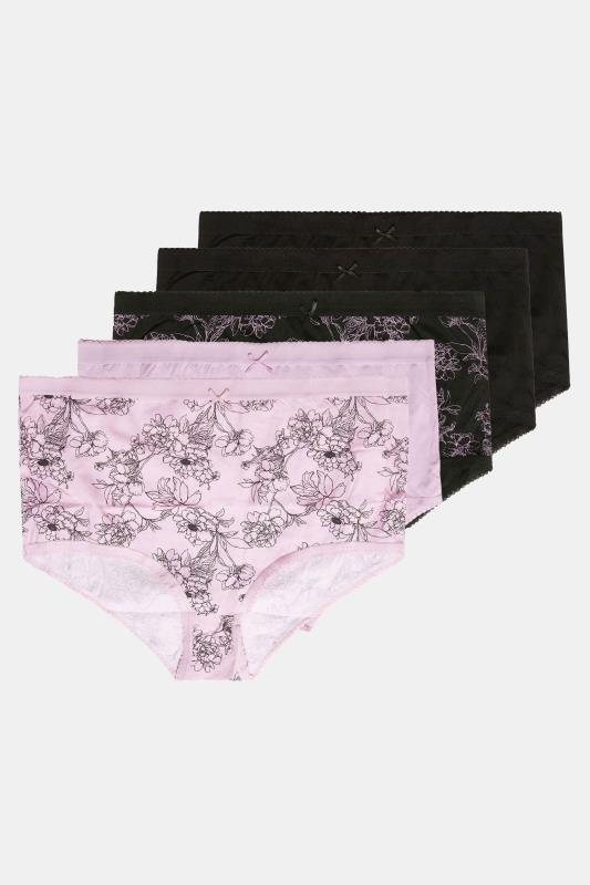 5 PACK Curve Black & Purple Floral Print High Waisted Full Briefs 2